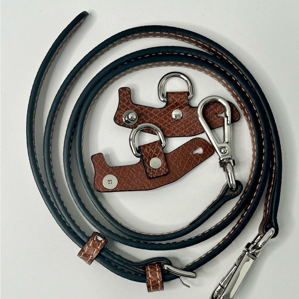 Crossbody leather strap set to transform bags or pouches, brown/silver hardware